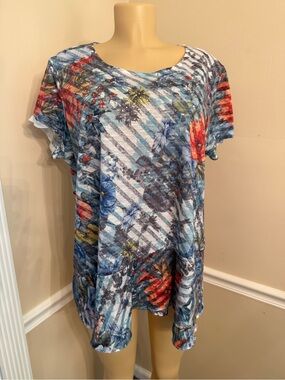 Time and Tru Blue Floral Stripe Short Sleeve Tunic with Red Accents